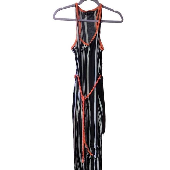 Derek Heart Black and White Striped Dress Orange Outline Long Tie Wrap Dress - Picture 3 of 4